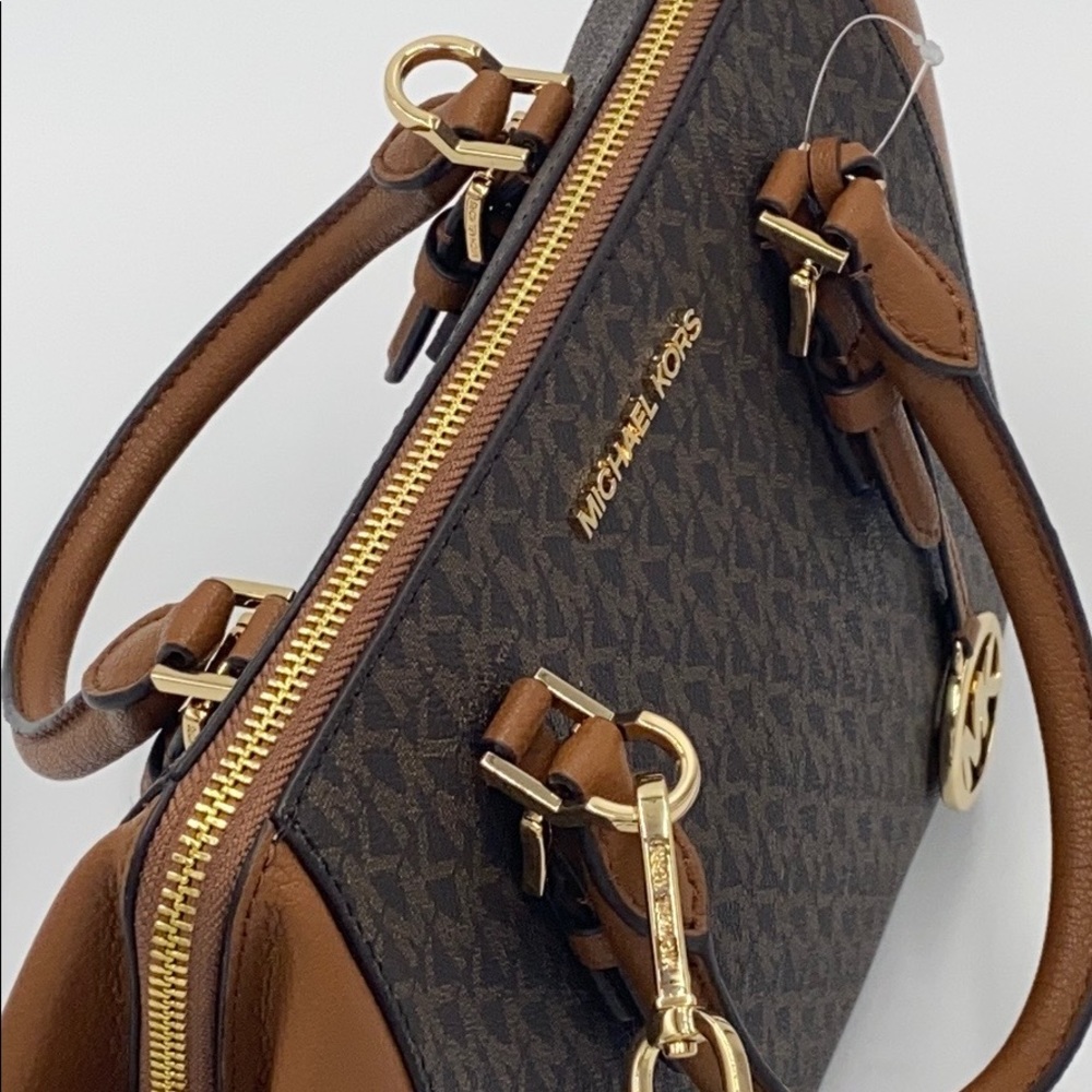 MICHAEL KORS CHARLOTTE LARGE SATCHEL BROWN MULTI - Picture 6 of 16